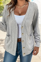 Casual Solid Pocket Buttons V Neck Outerwear