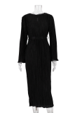 Elegant Solid Pocket Fold O Neck A Line Dresses