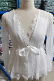 Elegant Solid Lace With Bow V Neck Tops