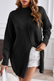 Casual Simplicity Solid Slit Turtleneck Tops