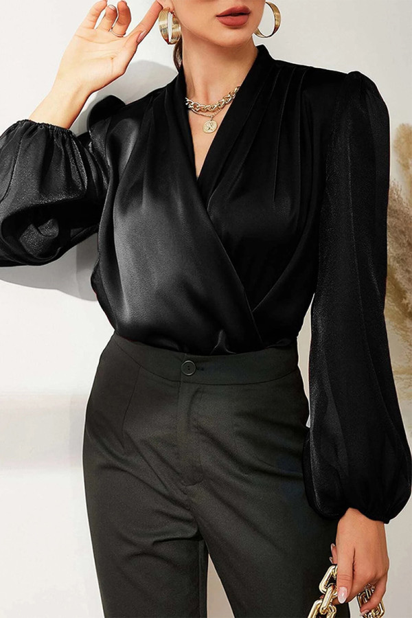 Celebrities Elegant Solid Mesh V Neck Tops