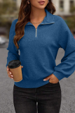 Solid Zipper Turndown Collar Tops