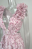 Sexy Floral Hollowed Out Flounce V Neck Sleeveless Dress Dresses