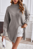 Casual Simplicity Solid Slit Turtleneck Tops