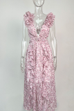 Sexy Floral Hollowed Out Flounce V Neck Sleeveless Dress Dresses