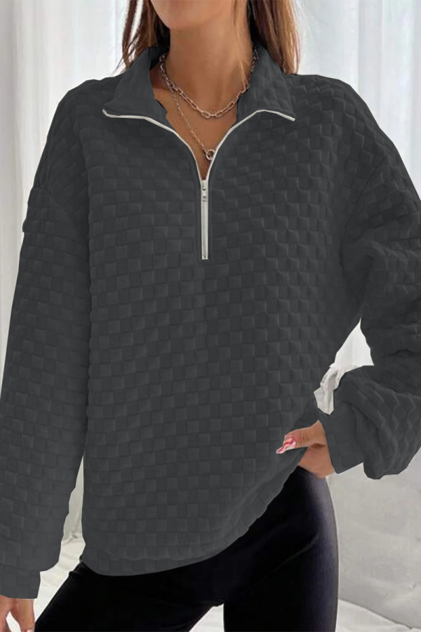 Casual Solid Zipper Turndown Collar Tops