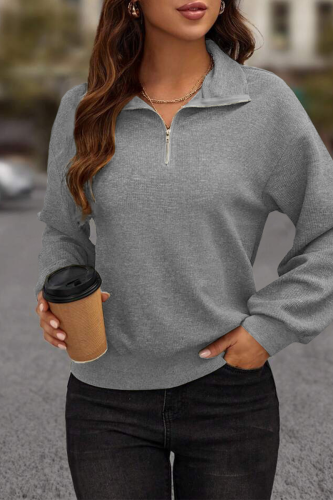 Solid Zipper Turndown Collar Tops