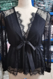 Elegant Solid Lace With Bow V Neck Tops