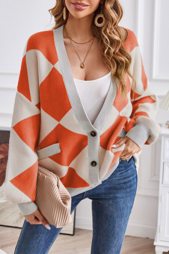 Street Geometric Contrast Weave Cardigan Collar Outerwear