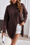 Casual Simplicity Solid Slit Turtleneck Tops