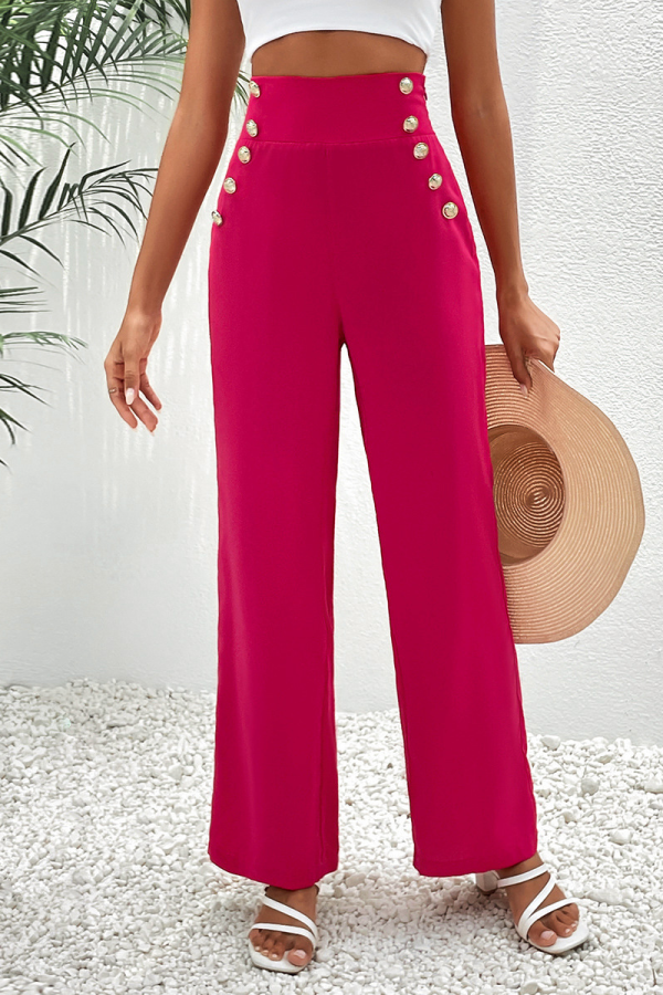 Elegant Solid Buttons Loose High Waist Straight Solid Color Bottoms