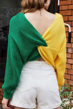 Sweet Color Block Contrast V Neck Tops