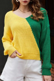Sweet Color Block Contrast V Neck Tops