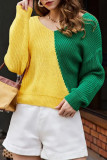 Sweet Color Block Contrast V Neck Tops