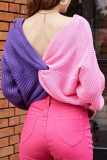 Sweet Color Block Contrast V Neck Tops
