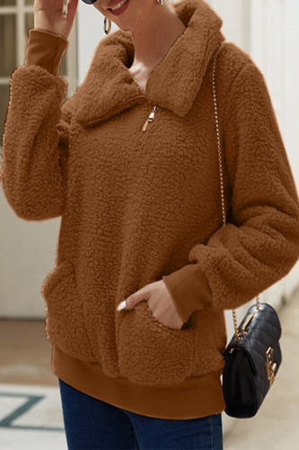 Casual Simplicity Solid Pocket Zipper Turndown Collar Tops