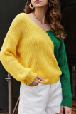 Sweet Color Block Contrast V Neck Tops
