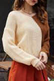 Sweet Color Block Contrast V Neck Tops