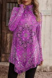 Casual Print Asymmetrical Turtleneck Tops