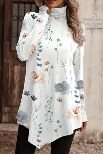 Casual Print Asymmetrical Turtleneck Tops
