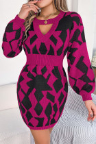 Casual Geometric Weave O Neck Wrapped Skirt Dresses