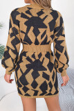 Casual Geometric Weave O Neck Wrapped Skirt Dresses
