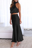 Elegant Solid Stringy Selvedge Halter Sleeveless Two Pieces