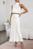 Elegant Solid Stringy Selvedge Halter Sleeveless Two Pieces