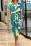 Elegant Floral Fold Turndown Collar A Line Dresses
