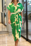 Elegant Floral Fold Turndown Collar A Line Dresses