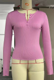 Casual Simplicity Solid Buttons O Neck Tops