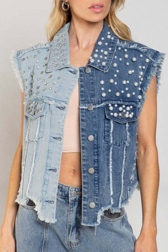 Casual Color Block Beading Pearl Turndown Collar Sleeveless Loose Denim Jacket