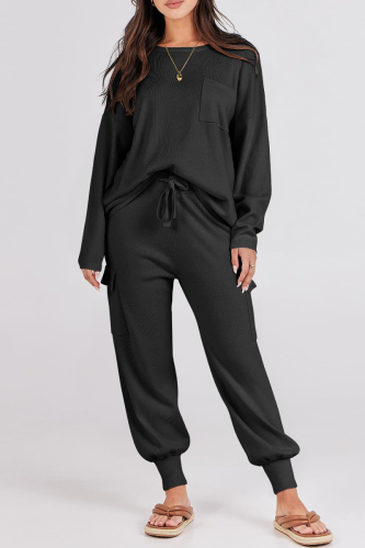 Casual Simplicity Solid Pocket O Neck Long Sleeve Two Pieces