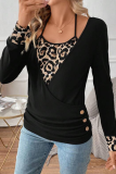 Casual Leopard Patchwork Buttons V Neck Long Sleeve Two Pieces