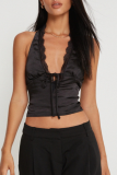 Sexy Solid Frenulum Backless Halter Tops