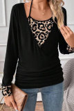 Casual Leopard Patchwork Buttons V Neck Long Sleeve Two Pieces