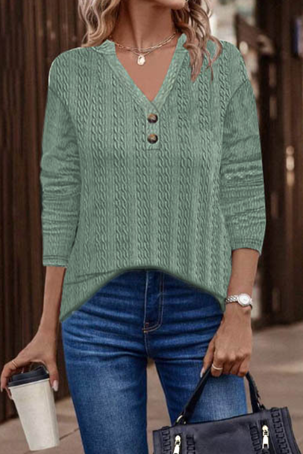 Casual Solid Buttons V Neck Tops