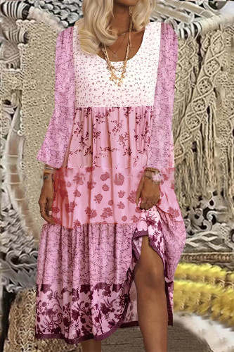 Sweet Elegant Print Patchwork O Neck Printed Dress Dresses