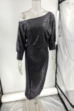 Party Solid Sequins Oblique Collar Long Sleeve Dresses