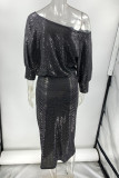 Party Solid Sequins Oblique Collar Long Sleeve Dresses