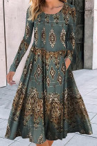 Casual Vintage Geometric Pocket Printing O Neck A Line Dresses
