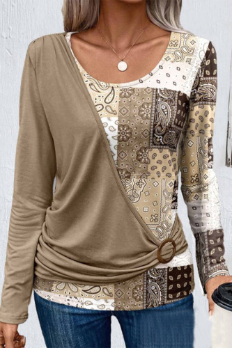 Casual Print Patchwork O Neck Tops