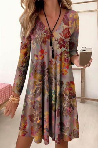Casual Vintage Geometric Printing V Neck Printed Dress Dresses