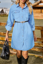 Street Solid Without Belt Turndown Collar Long Sleeve Denim Dresses(No Belt)