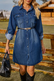 Street Solid Without Belt Turndown Collar Long Sleeve Denim Dresses(No Belt)