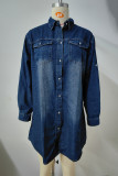Street Solid Without Belt Turndown Collar Long Sleeve Denim Dresses(No Belt)