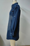 Street Solid Without Belt Turndown Collar Long Sleeve Denim Dresses(No Belt)