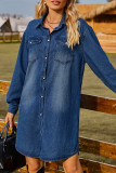 Street Solid Without Belt Turndown Collar Long Sleeve Denim Dresses(No Belt)