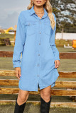 Street Solid Without Belt Turndown Collar Long Sleeve Denim Dresses(No Belt)