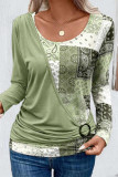 Casual Print Patchwork O Neck Tops
